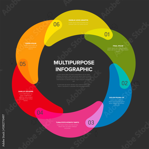 This vibrant circular infographic features six sections in different colors for diverse data presentation. The design is multipurpose, ideal for business, marketing, and data visualization.
