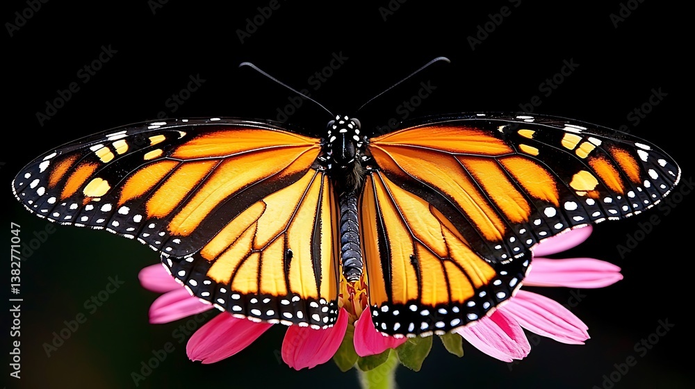 Fototapeta premium Monarch butterfly perched on a pink flower against a black background.