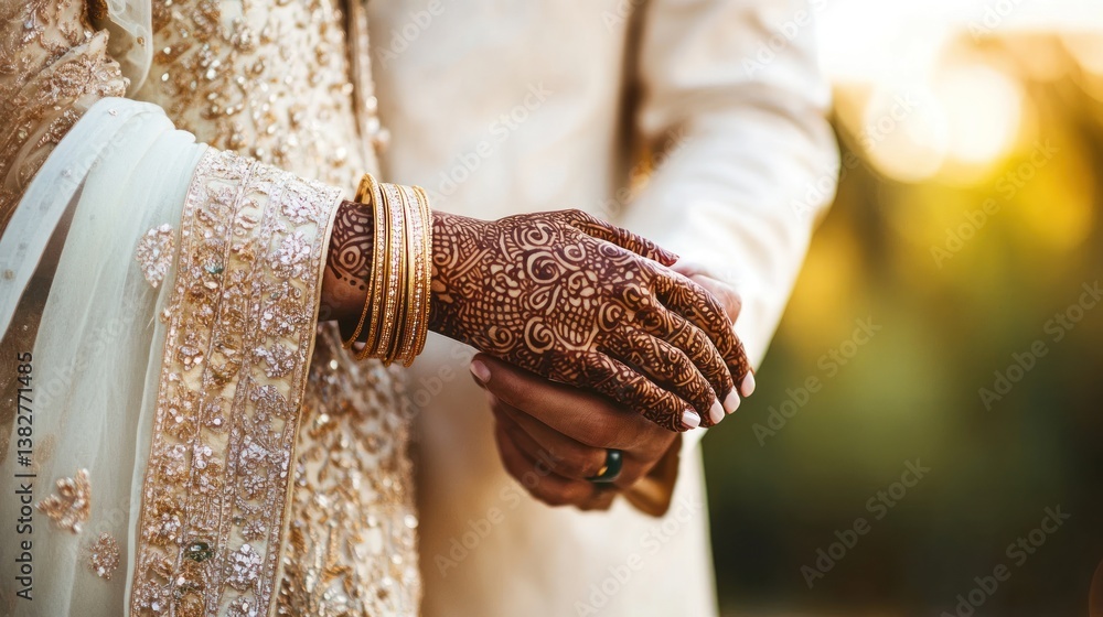 Holding Hands at Wedding with Henna Design and Golden Bangles