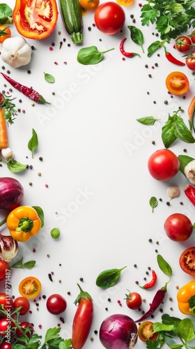 Bright fresh vegetables and herbs on white background, perfect for cooking blogs, recipes, menus.