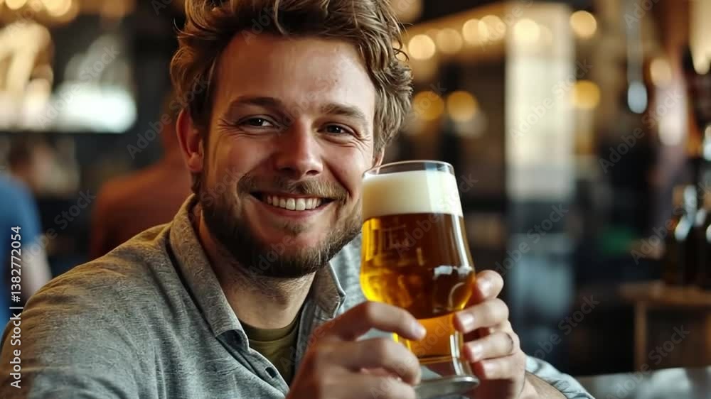 This image captures a happy young man with a cold beer sitting at a bar. The lively setting creates a warm, inviting mood. Ideal for showcasing social gatherings and leisure. AI This image captures a happy young man with a cold beer sitting at a bar. The lively setting creates a warm, inviting mood. Ideal for showcasing social gatherings and leisure. AI