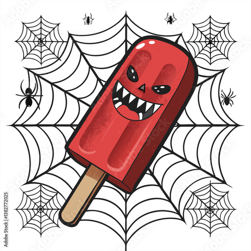 Design a bold, vector illustration of a vampire popsicle with dripping blood, using striking color contrasts and strong linework.