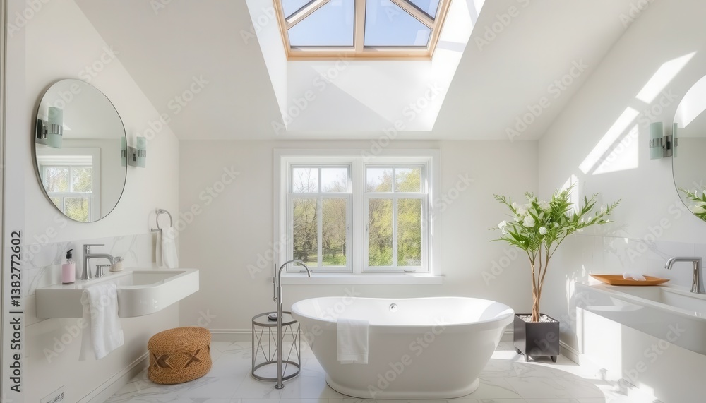 Fototapeta premium Bright White Modern Bathroom Interior With Freestanding Tub And Skylight