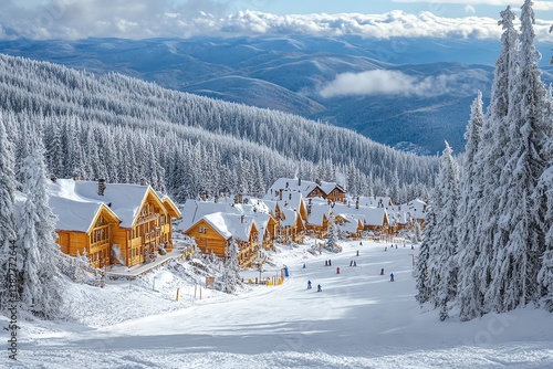 Wallpaper Mural Wooden chalets covered in snow sit on a mountainside overlooking a ski slope with skiers enjoying the winter wonderland Perfect for travel brochures or winter sports websites Torontodigital.ca