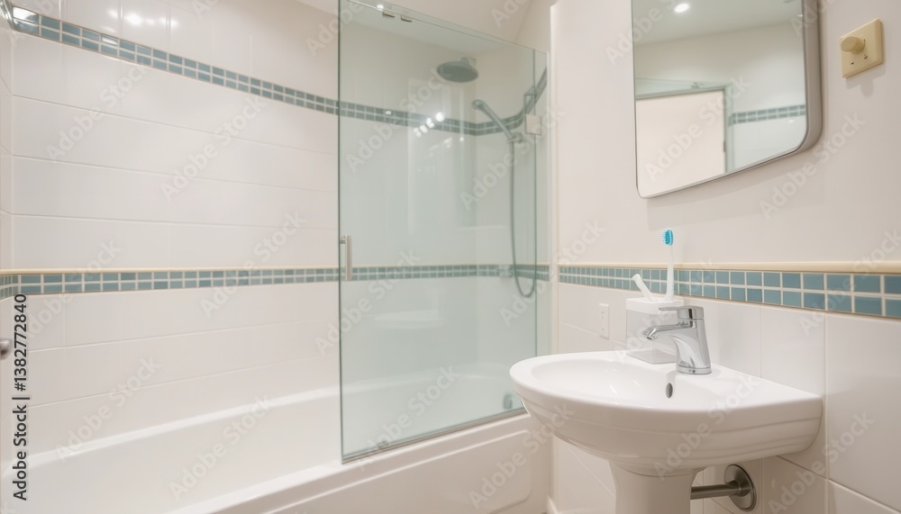 Fototapeta premium Clean White Bathroom with Blue and Green Tile Accents