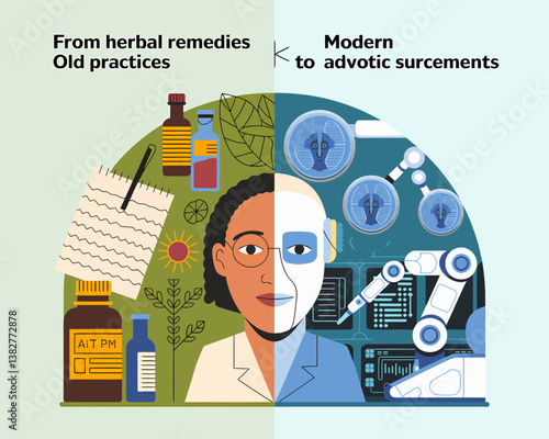 Modern medicine vs herbal remedies illustration showcasing advancements in medical technology juxtaposed with traditional healthcare practices