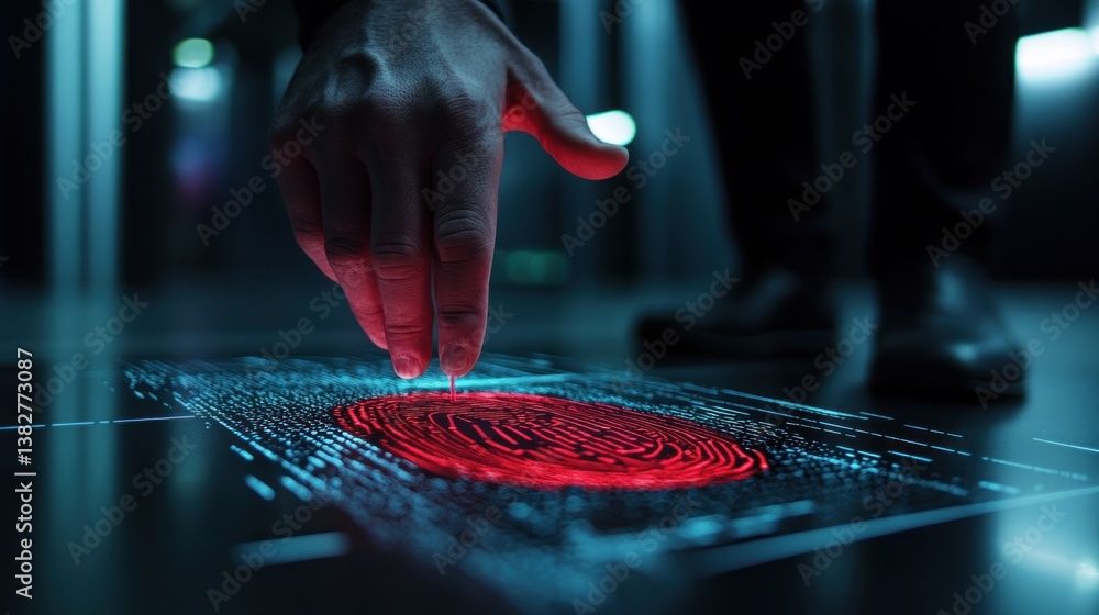 Scanning Fingerprint Security System with Hand on Futuristic Interface
