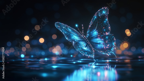 Neon Blue Butterfly: Digital Insect with Light Points Above Reflective Surface