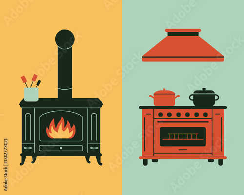 Retro Kitchen Appliances: Vector Illustration of Wood Burning Stove & Vintage Oven with Cookware