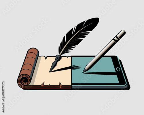 Digital evolution: Quill & stylus illustrating the transformation of writing from ancient scroll to modern tablet.  Conceptual vector graphic.