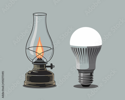 Antique kerosene lamp versus modern LED bulb, contrasting energy sources and lighting technologies, historical to eco-friendly illumination.