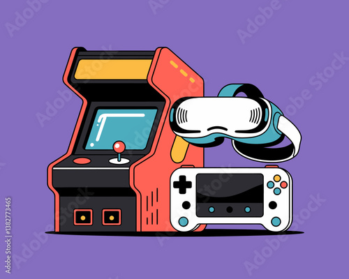 Retro Arcade Cabinet with VR Headset and Handheld Console: Vintage Gaming Meets Modern Tech, E-sports Concept