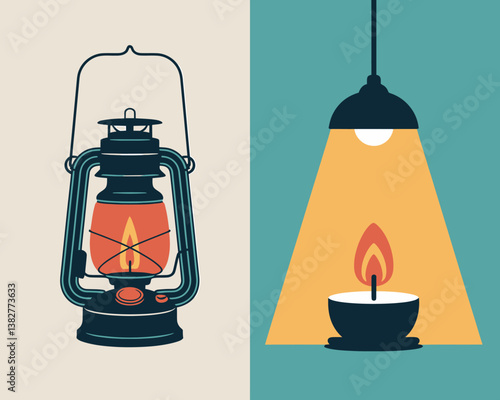 Retro Lantern and Modern Lamp Illustration: Vintage Kerosene Lamp vs. Contemporary Candlelight Decor