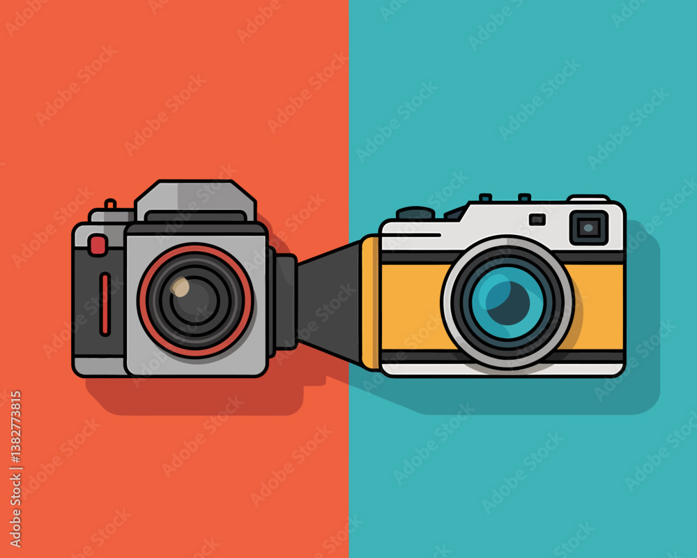 Fototapeta premium Retro Camera Duo: Flat Design Photography Icons on Split Teal and Coral Background