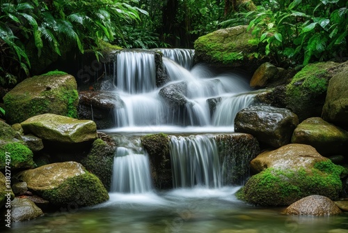 Serene cascading waterfall in lush greenery