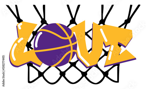 Love - Basket - golf yellow and, purple with ball basketball, sport vector graphics for street art - graffiti lettering typography - art illustration - multicolor - writen -	