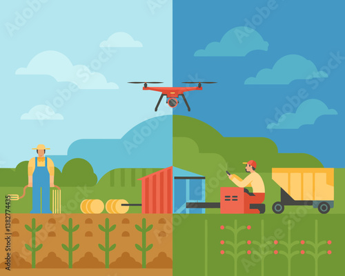 Modern and Traditional Agriculture: Farmer, Drone, Tractor, and Crop Fields Illustration
