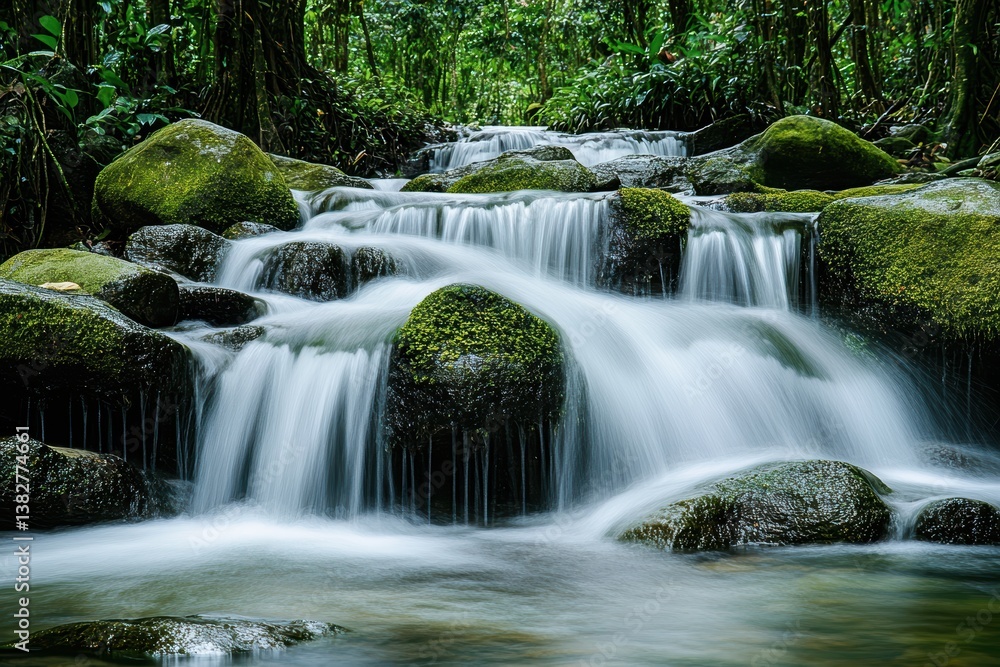 Tranquil mountain stream cascading over mossy rocks Tranquil mountain stream cascading over mossy rocks