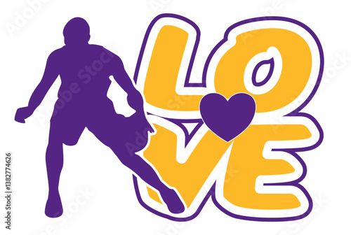 Love graffiti style lettering with heart in the center and basketball player next to it; sport vector graphic; gold yellow and Purple colors