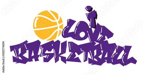 I Love basket - golden yellow and Purple with basketball ball, sport vector graphics for street art - graffiti lettering typography - art illustration - multicolor - writen Word -