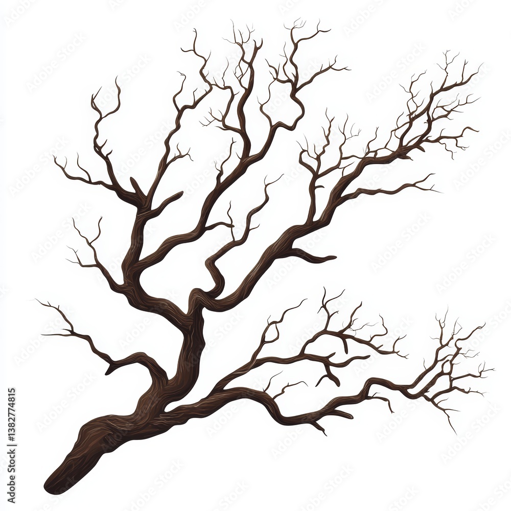 Fototapeta premium Winter Bare Tree Branches Dark Brown Isolated on White Background Nature Illustration Graphic