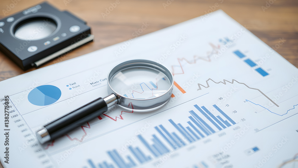 A magnifying glass examines the financial data and statistics presented in a detailed report. A magnifying glass examines the financial data and statistics presented in a detailed report.