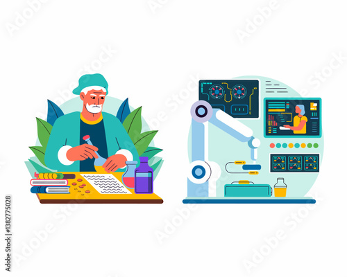 Innovative Lab: Robotic Automation and Alchemist Combining Compounds Illustration