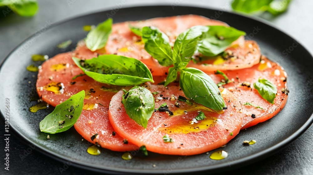 Carpaccio plated on a matte black dish, contrasting with bright green basil and golden drops of truffle oil Carpaccio plated on a matte black dish, contrasting with bright green basil and golden drops of truffle oil
