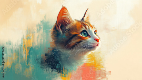 Artistic Cat Portrait with Abstract Brushstrokes - Ginger Tabby Profile with Teal and Gold Background