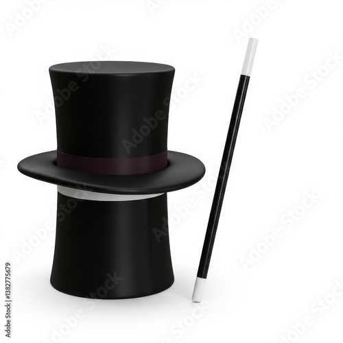 A black top hat with a maroon band and a black and white magic wand on a white background studio shot