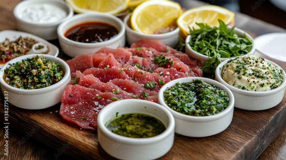 Carpaccio platter with a variety of dipping sauces, elegantly arranged on a serving board with fresh lemon wedges Carpaccio platter with a variety of dipping sauces, elegantly arranged on a serving board with fresh lemon wedges