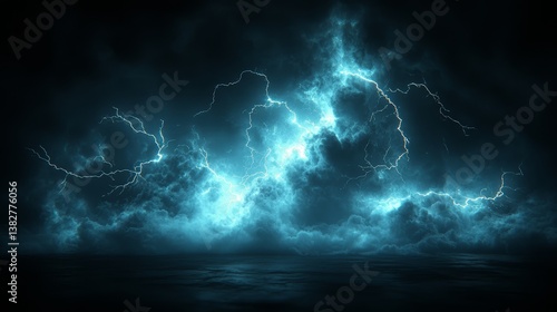 Dramatic Thunderstorm with Intense Lightning Strikes Over Dark Ocean