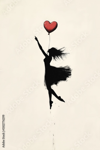 Dancing Silhouette with Heart Balloon - Elegant Female Figure in Black Ink with Red Accent