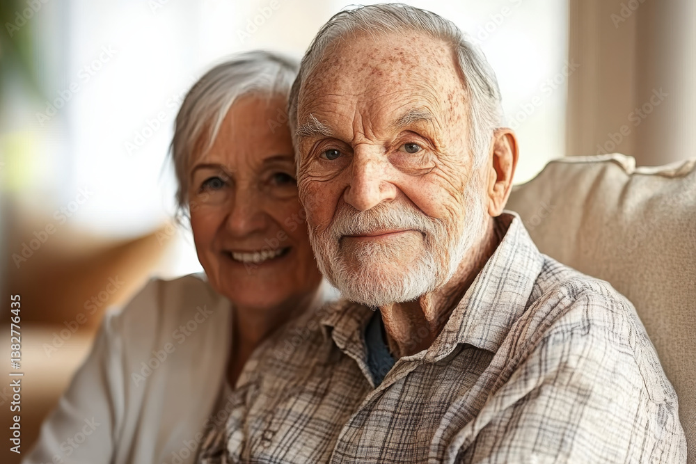 Elderly couple smiling warmly while sitting together in cozy home environment Elderly couple smiling warmly while sitting together in cozy home environment