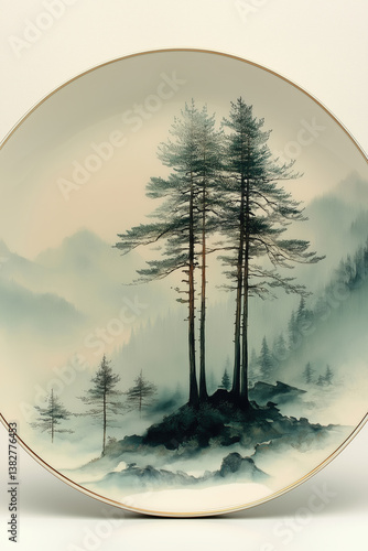Misty Pine Forest Landscape - Circular Asian-Inspired Watercolor Painting