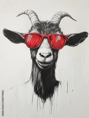 Cool Goat with Red Sunglasses - Hipster Animal Ink Illustration