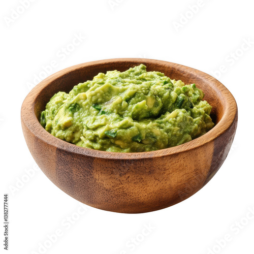 A wooden bowl filled with fresh guacamole on a transparent background ready to be served and enjoyed now