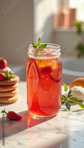 Wallpaper Mural Refreshing strawberry lemonade in mason jar with fresh mint on sunny kitchen counter Torontodigital.ca