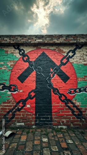 Bold upward arrow graffiti on brick wall with chains and dramatic cloudy sky