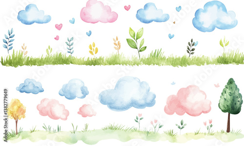 Clouds, grass and trees watercolor illustration clip art blue and pink sky with clouds watercolor vector elements on white background