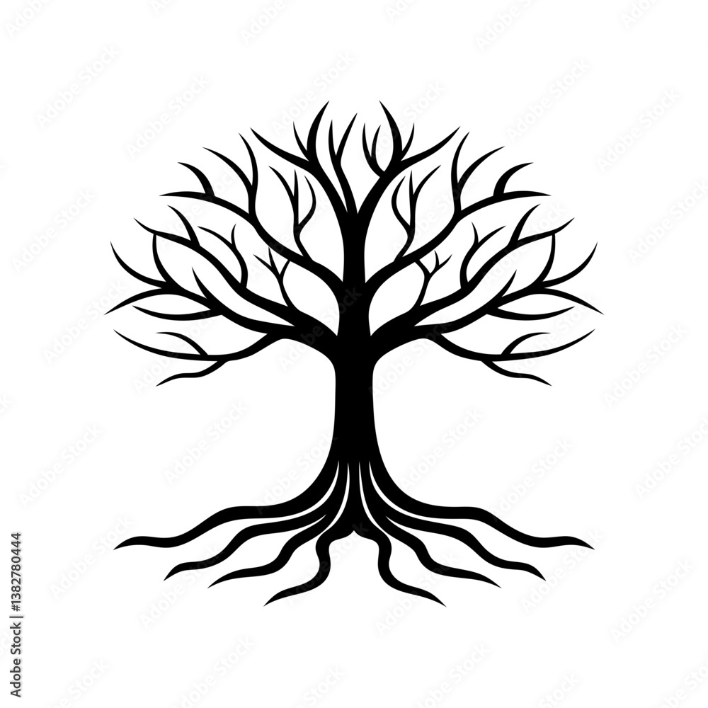 Obraz premium A giant tree with intricate roots silhouette illustration