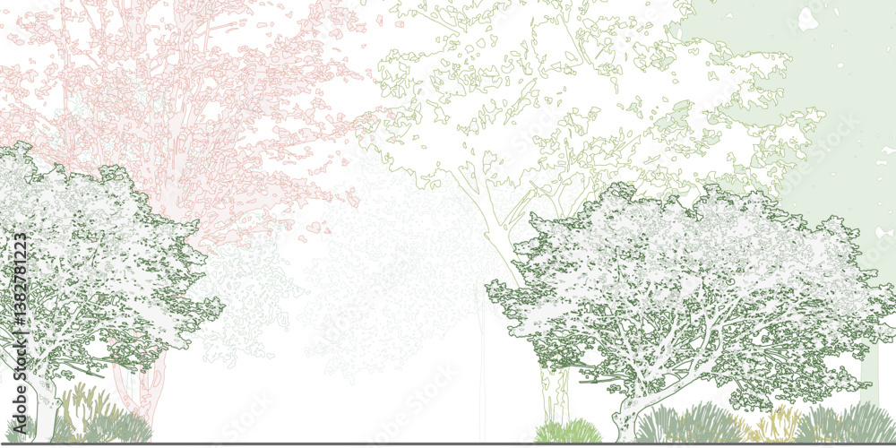 Fototapeta premium forest background in line art, tree in tunnel, section of garden