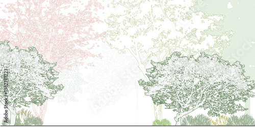 forest background in line art, tree in tunnel, section of garden