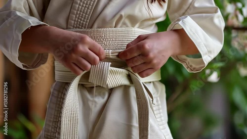 A young martial artist adjusts their karate belt with concentration, surrounded by lush greenery and soft sunlight, readying for an upcoming training session.