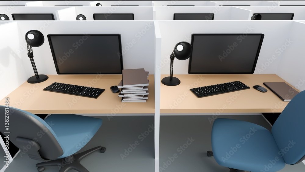 A 3d rendering of repetitive pattern of office cubicles, arranged in a grid-like formation, suggesting a standardized and potentially impersonal work environment. A 3d rendering of repetitive pattern of office cubicles, arranged in a grid-like formation, suggesting a standardized and potentially impersonal work environment.