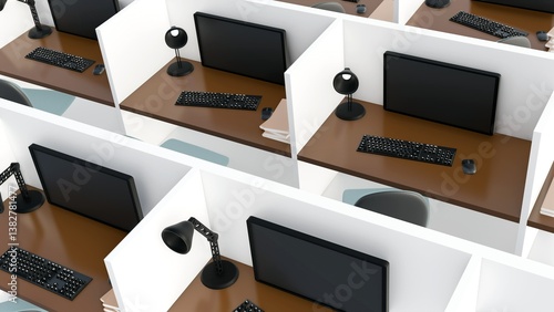 A 3d rendering of repetitive pattern of office cubicles, arranged in a grid-like formation, suggesting a standardized and potentially impersonal work environment.