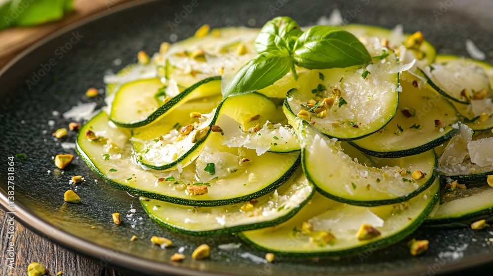 Zucchini carpaccio, thinly sliced and arranged in a spiral, topped with shaved Parmesan and crushed pistachios, warm natural lighting