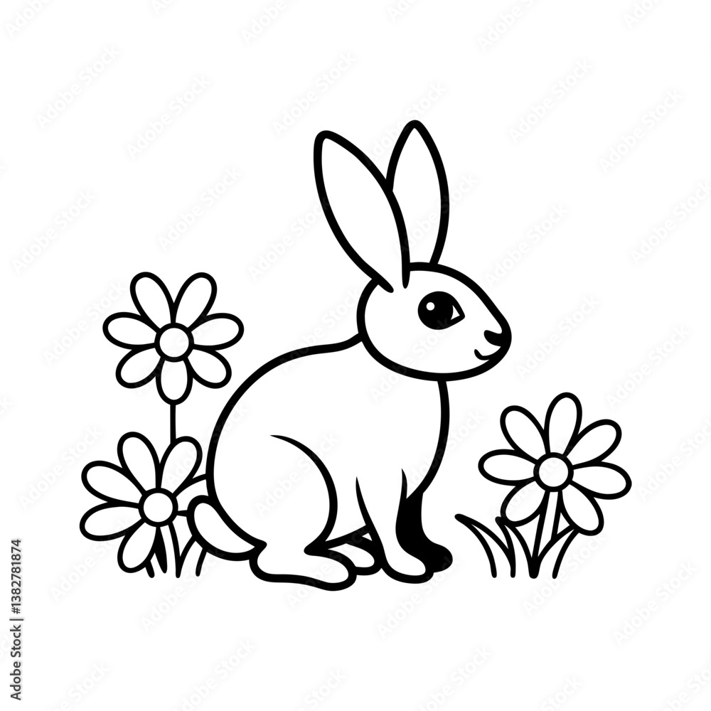 Fototapeta premium A Rabbit in a flower meadow line art illustration