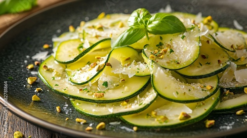 Obraz na płótnie Zucchini carpaccio, thinly sliced and arranged in a spiral, topped with shaved Parmesan and crushed pistachios, warm natural lighting w salonie