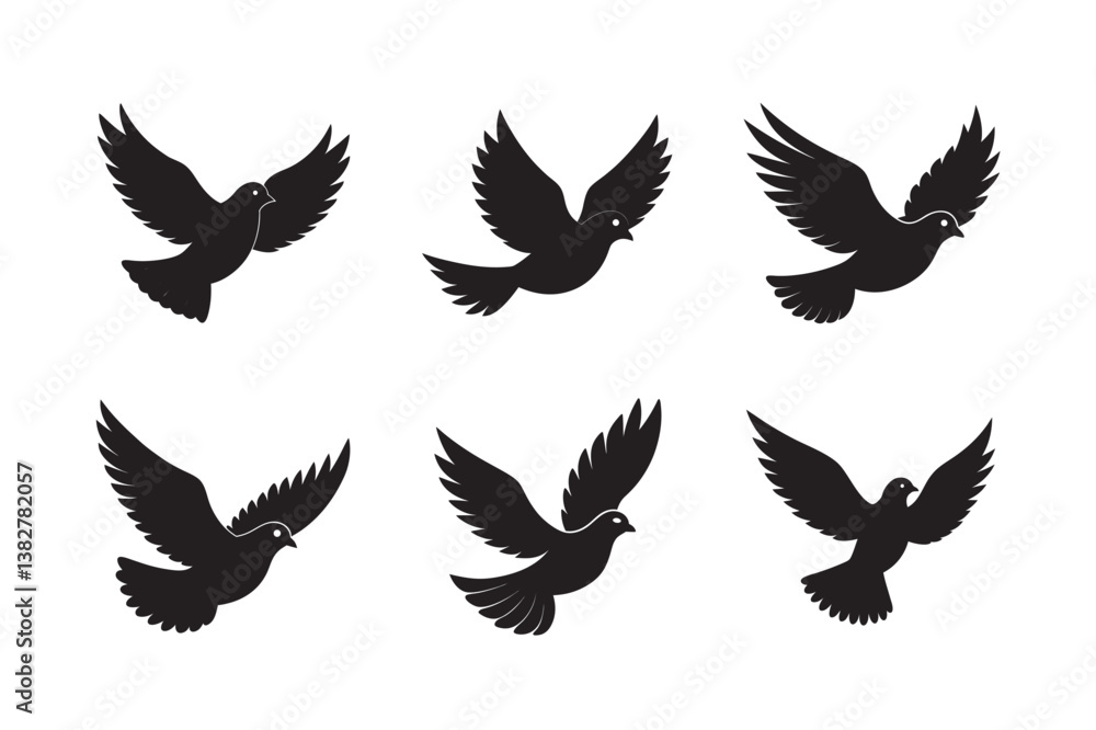 Black vector wings silhouette set, dove feather art Black vector wings silhouette set, dove feather art